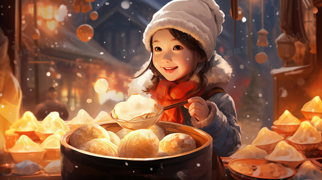 欢乐元宵节女孩吃汤圆插画