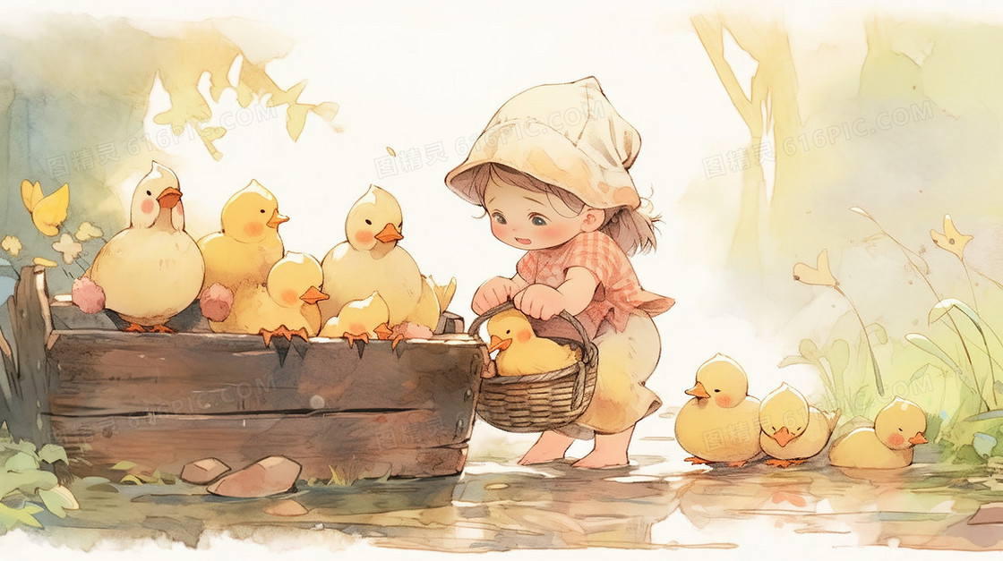 可爱小女孩照顾小鸡小鸭插画