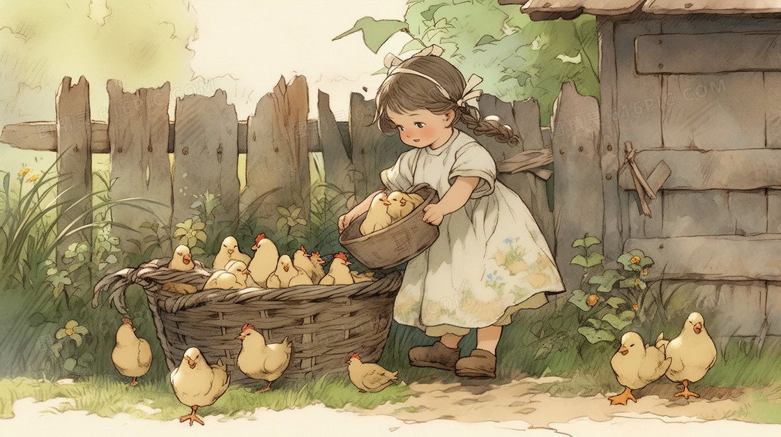 可爱小女孩照顾小鸡小鸭插画