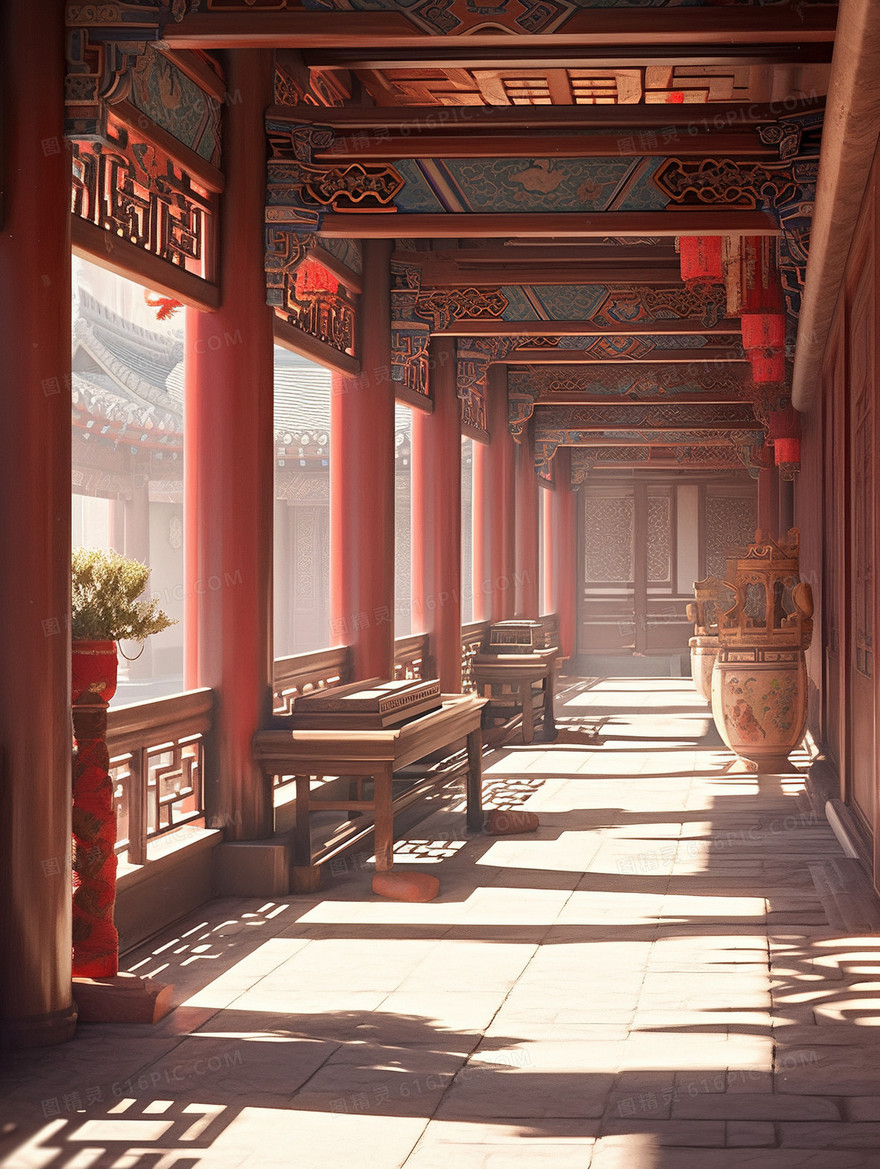 唯美中式建筑走廊风景插画