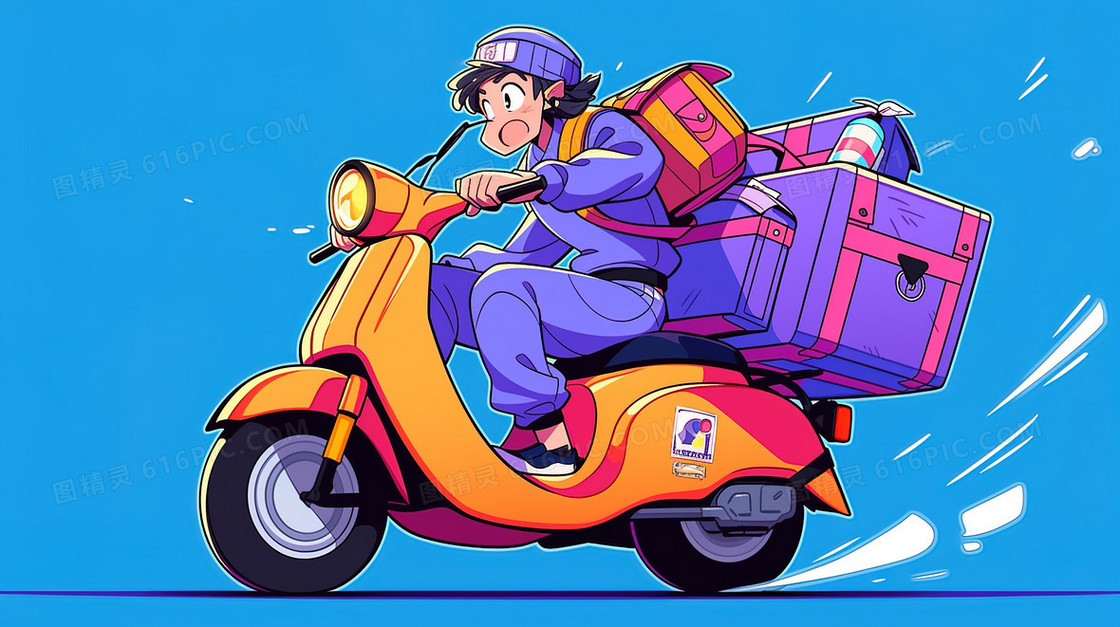 一个骑着摩托车送货的快递员插画