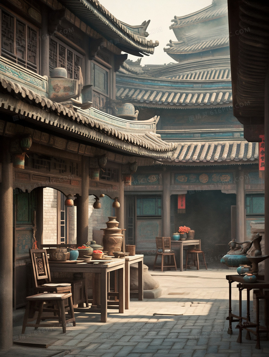 中国古代中式建筑插画