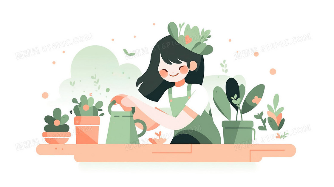 一个可爱的女孩在种植盆栽插画