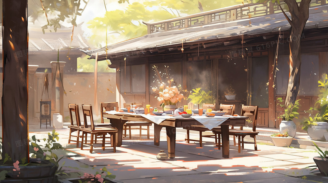 中国农村庭院里吃饭插画