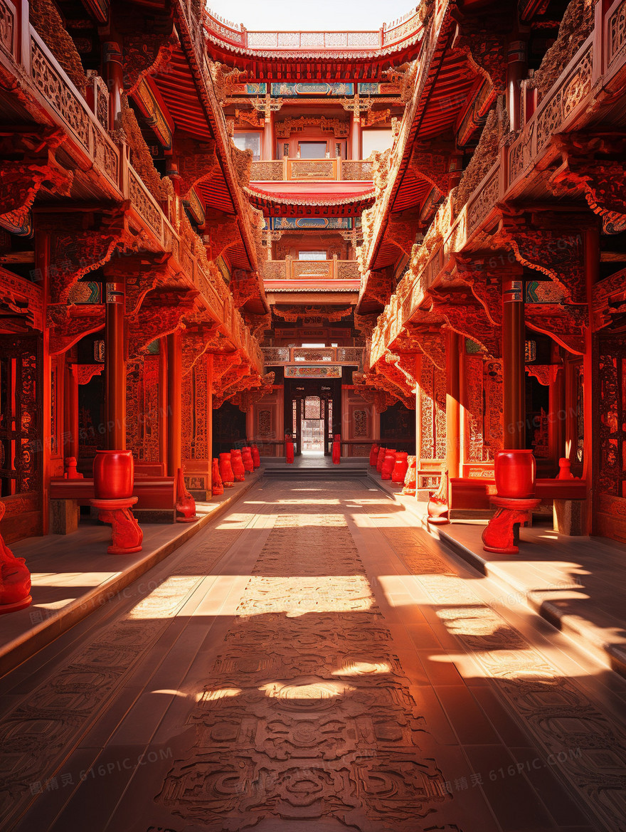 唯美古代中式建筑长廊插画
