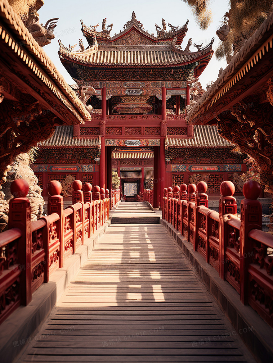 唯美古代中式建筑长廊插画