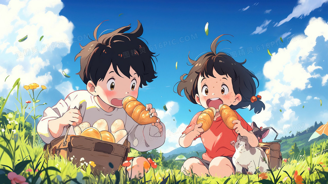夏天山野草地上野餐的少年插画