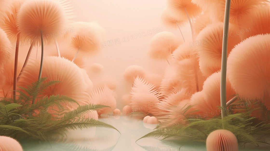 柔和粉色水边绒毛植物插画