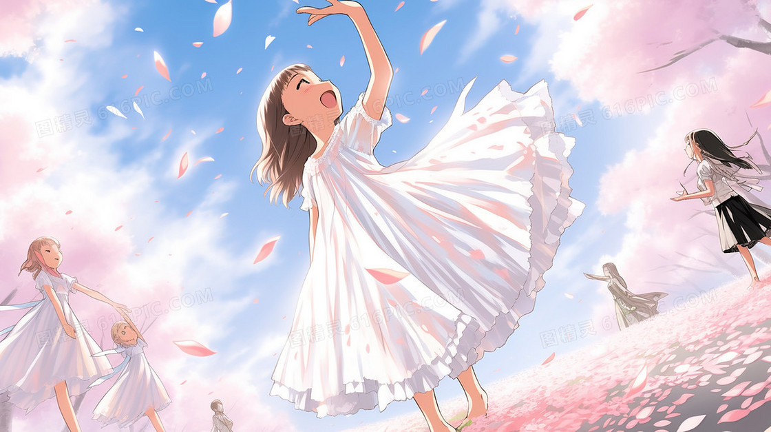 盛开的樱花树下跳舞的女孩插画