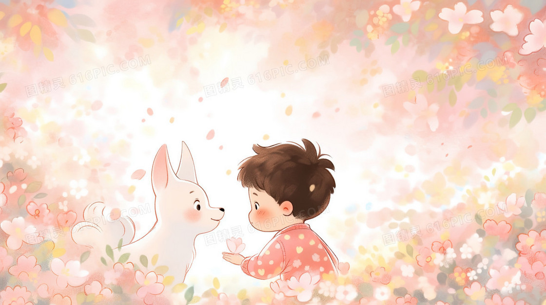 鲜花丛里的小男孩与小狗插画