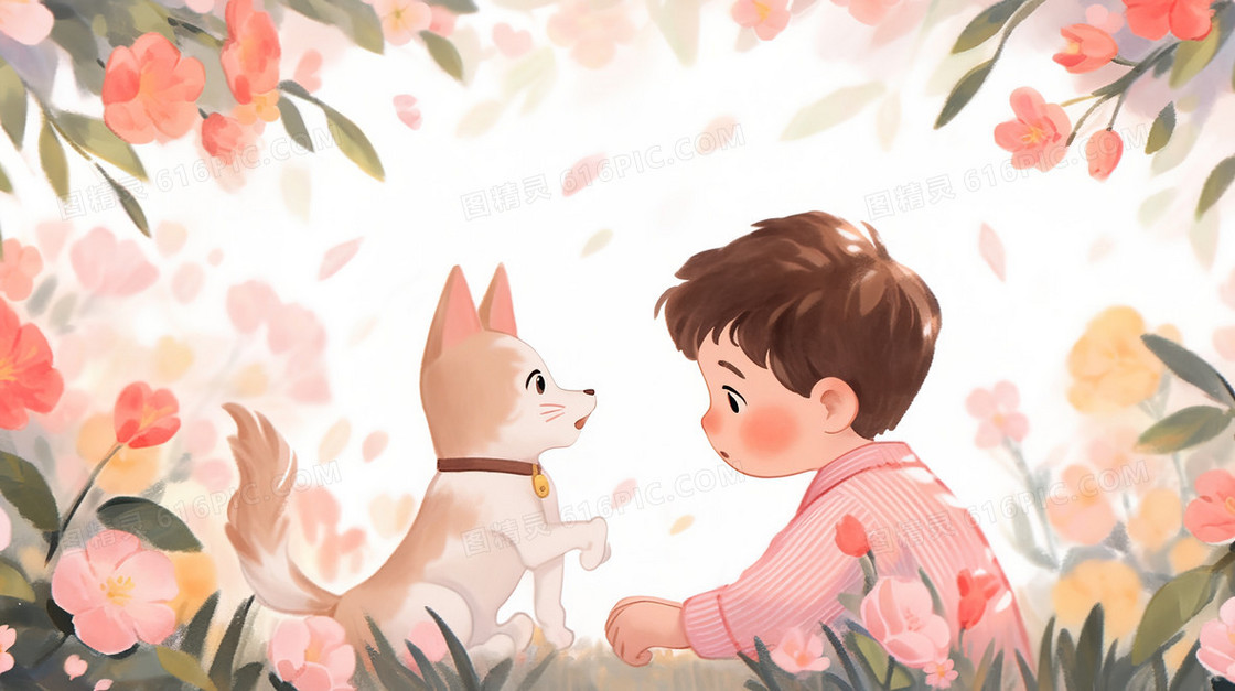 鲜花丛里的小男孩与小狗插画