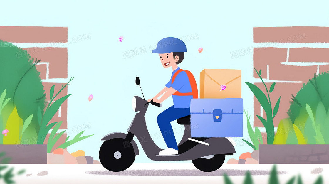 骑摩托车送货的快递员插画