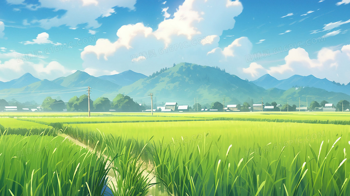 春季乡间绿油油的水稻田插画