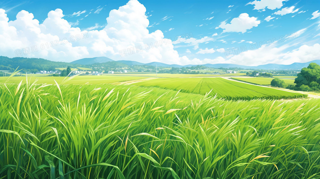 春季乡间绿油油的水稻田插画