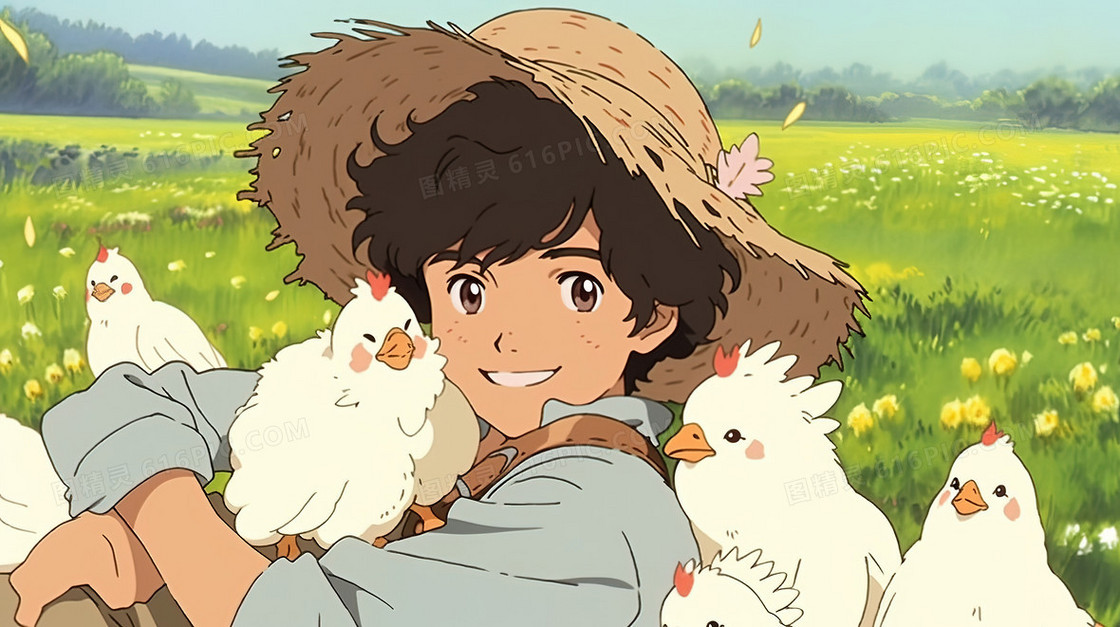 草原上放养土鸡的少年插画