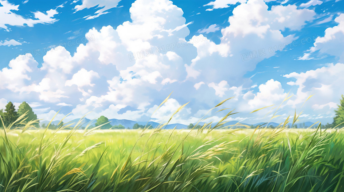晴朗天气绿色山坡草地风景插画