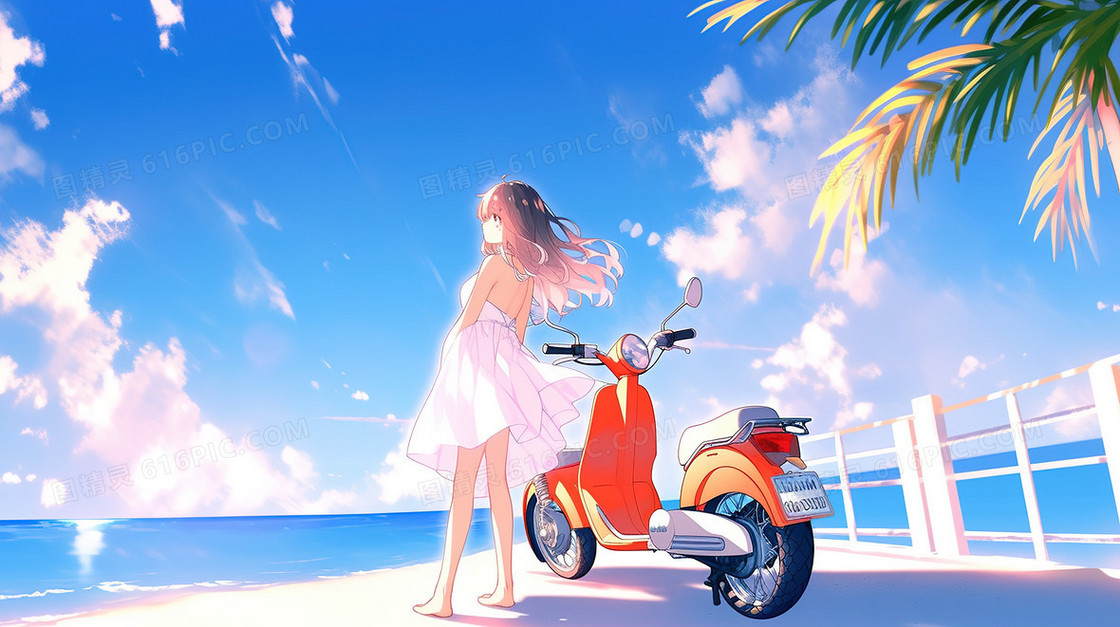 夏日海边骑摩托的女孩插画