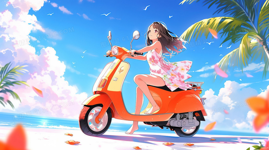 夏日海边骑摩托的女孩插画