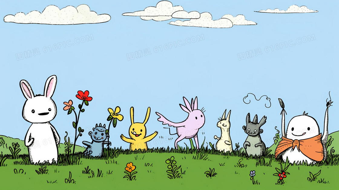 青青草地上的小动物插画