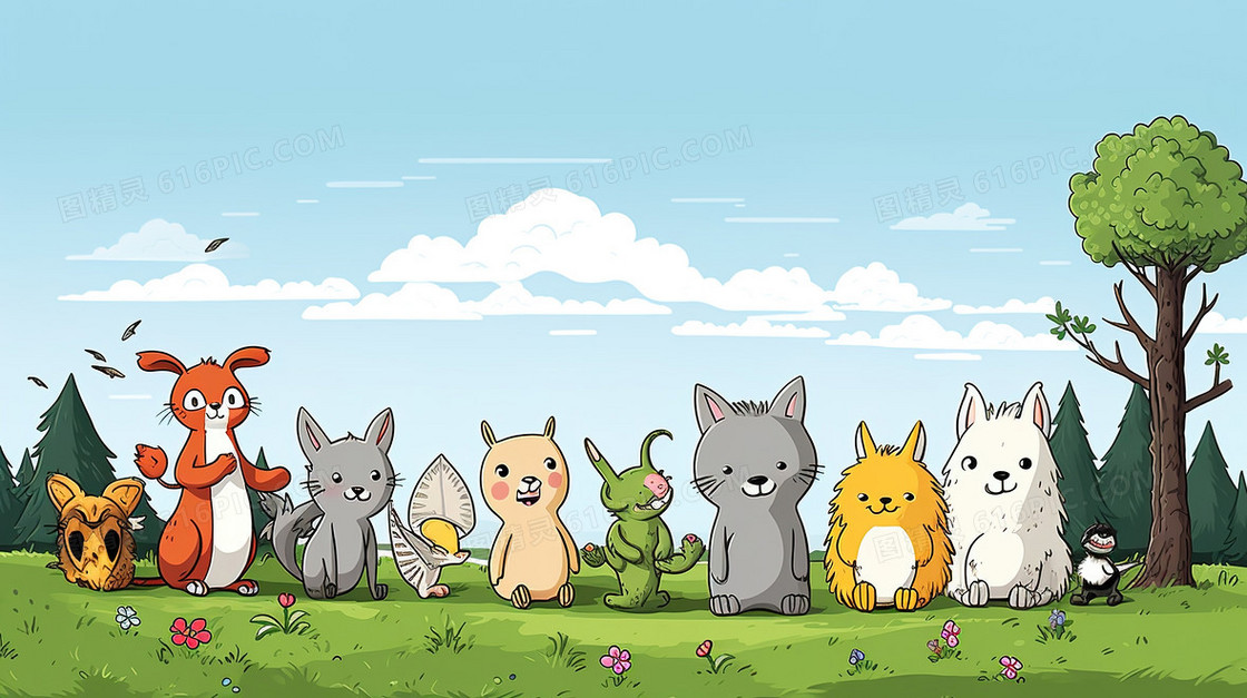 青青草地上的小动物插画