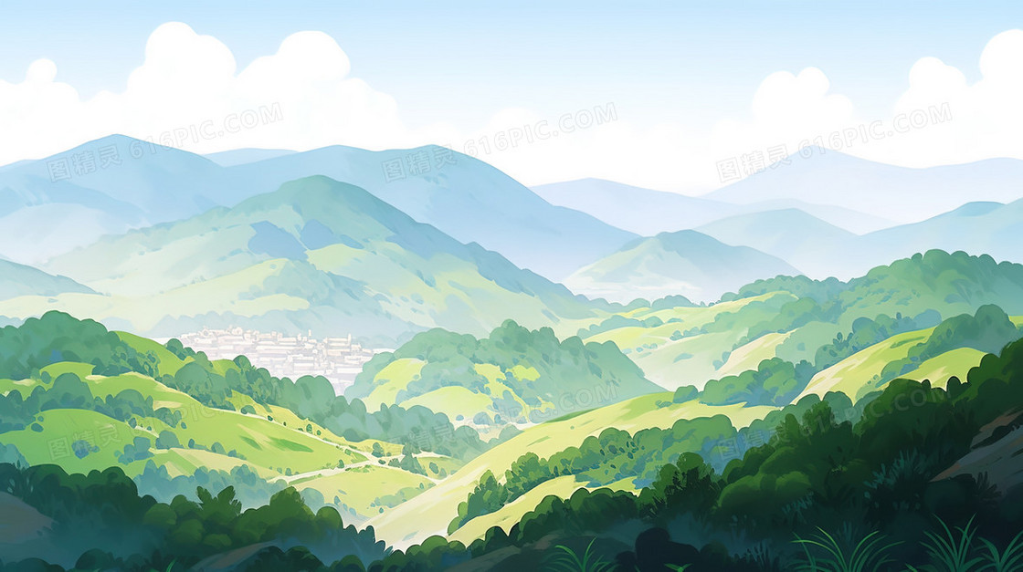 春季乡间山野森林插画