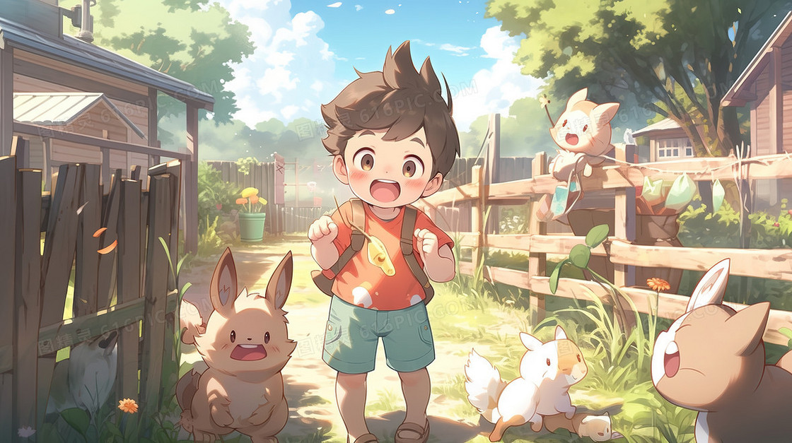 乡村院子里的男孩和小动物插画
