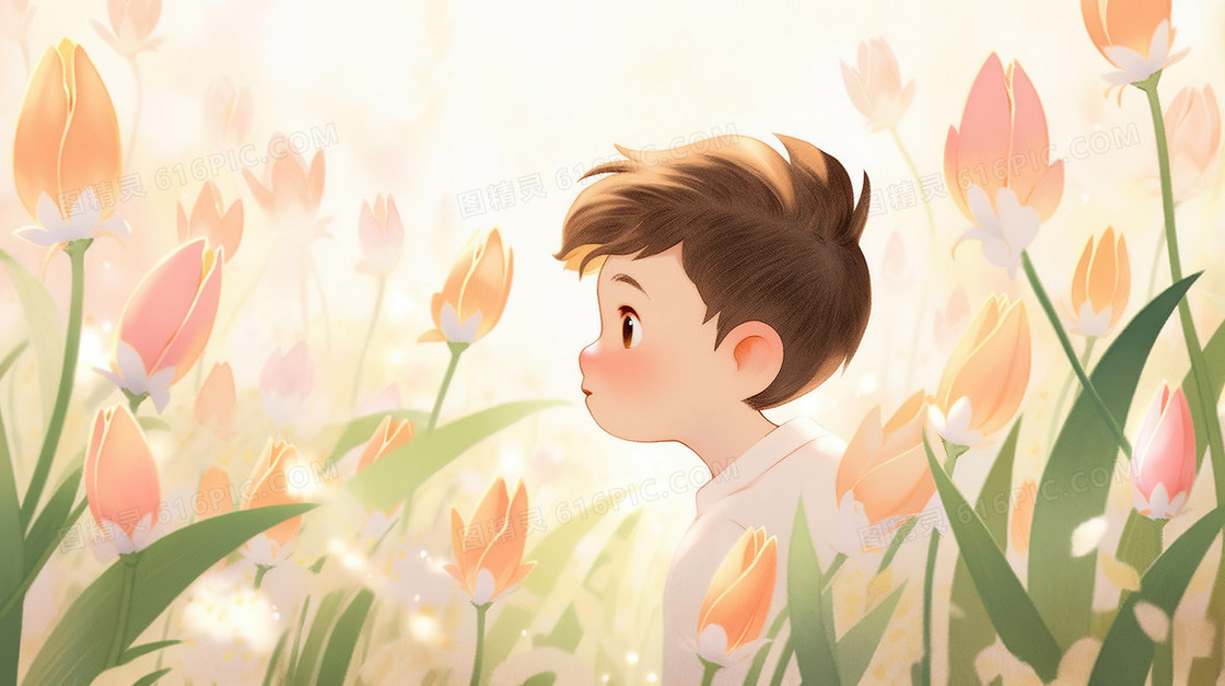 粉色花丛中的小男孩插画