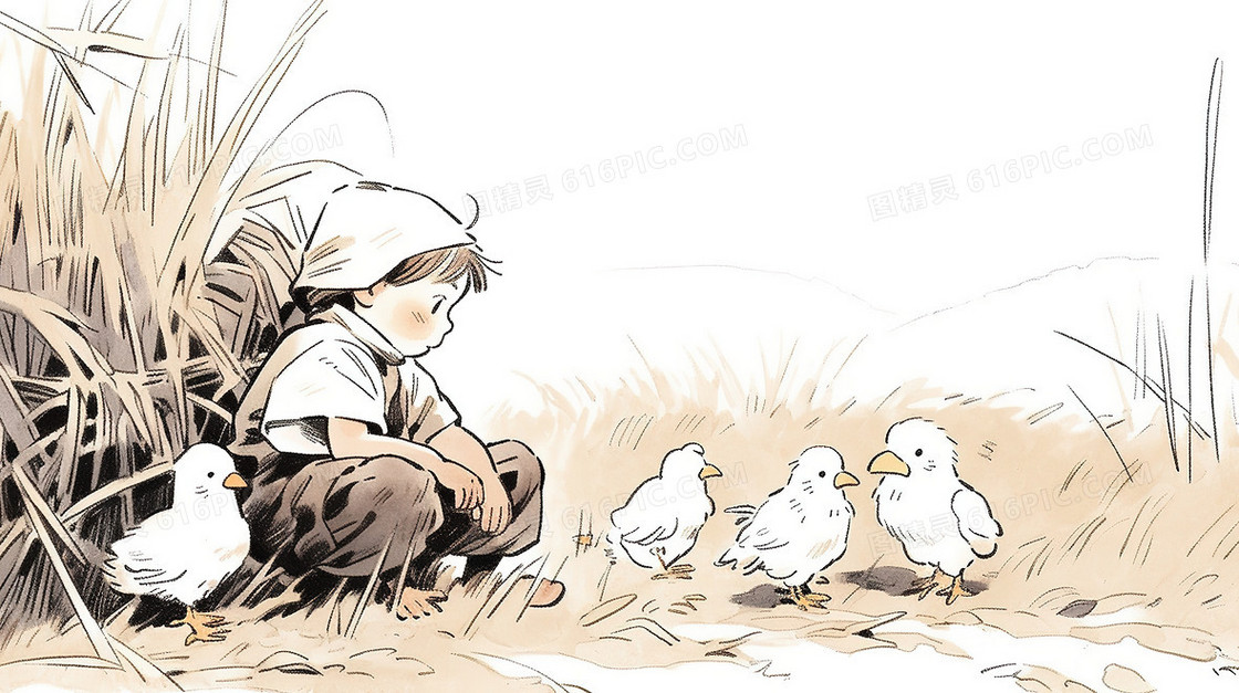 农村养鸡的小男孩插画