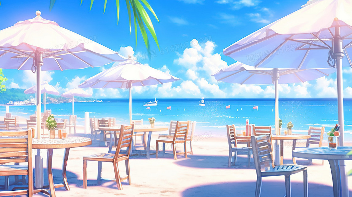 阳光沙滩上的休闲桌椅插画