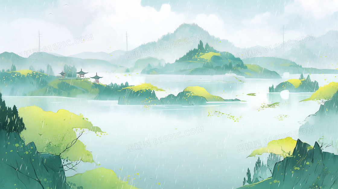 雨水季下山间湖水边小岛上有个小亭子中国意境绿色背景插画