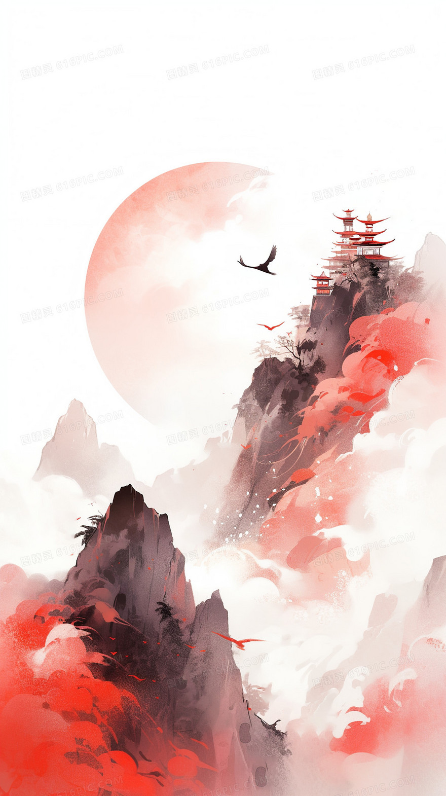 月亮下山顶寺庙在红色云间插画
