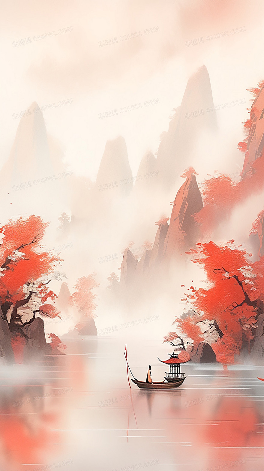 云雾中山间红色树木下小溪插画