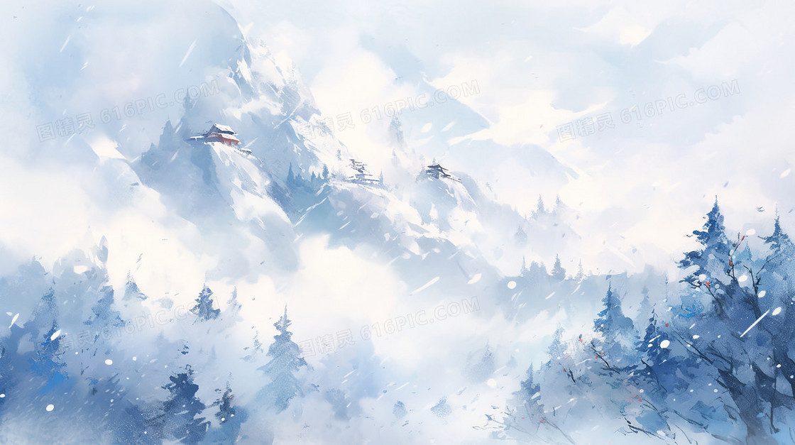 大雪覆盖的山间有个小亭子蓝色背景水墨画