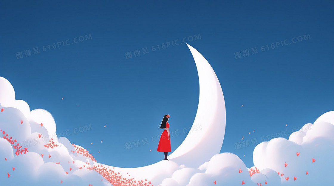 白云间一个穿红色裙子的可爱的女生站在月亮上插画