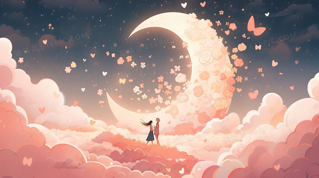月光下彩云间一对情侣一起许愿插画
