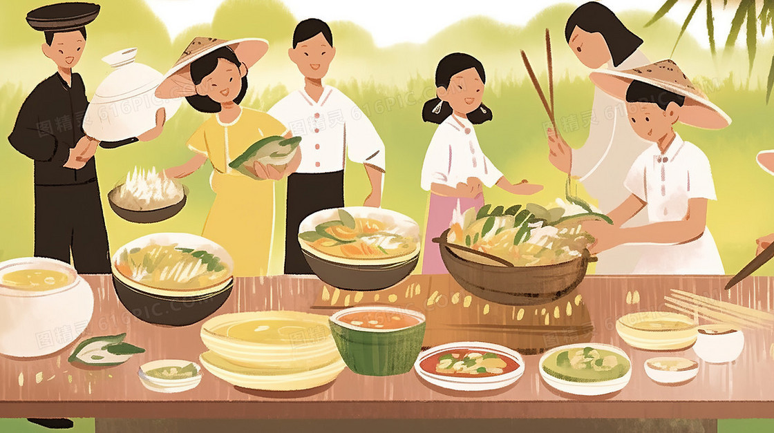 田野户外野餐美食插画