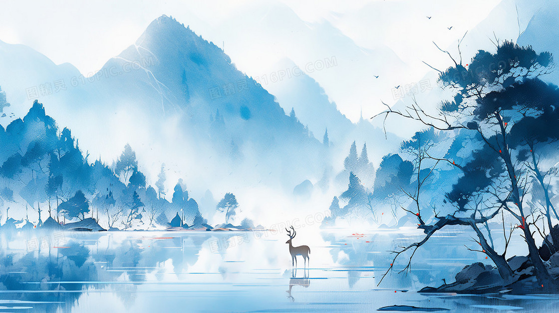山间水墨蓝色背景下湖水面上一只麋鹿插画