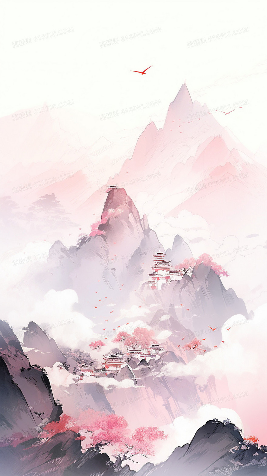 云雾中山间红色树木间庭院插画
