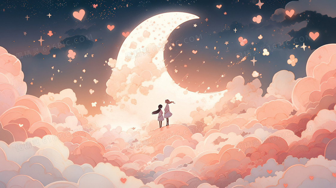 月光下彩云间两个可爱的女生一起许愿插画