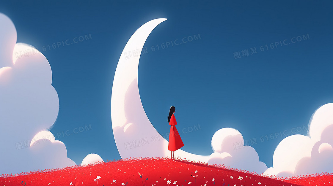 白云间一个穿红色裙子的可爱的女生站在月亮旁边的红色花瓣上插画
