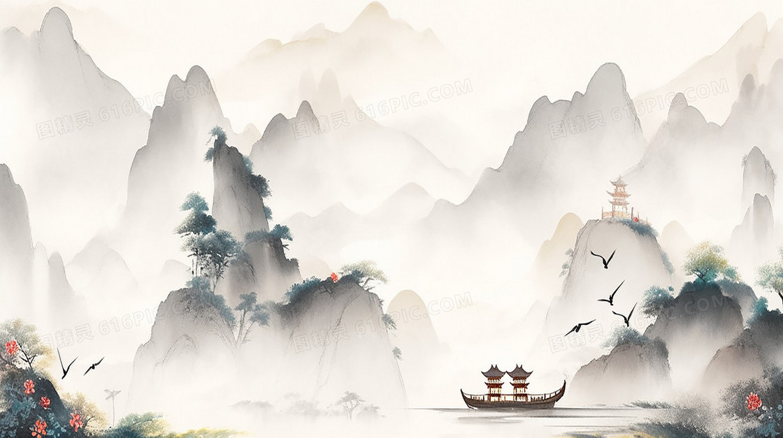 小船飘荡在山间湖水中山坐落一个小亭子插画