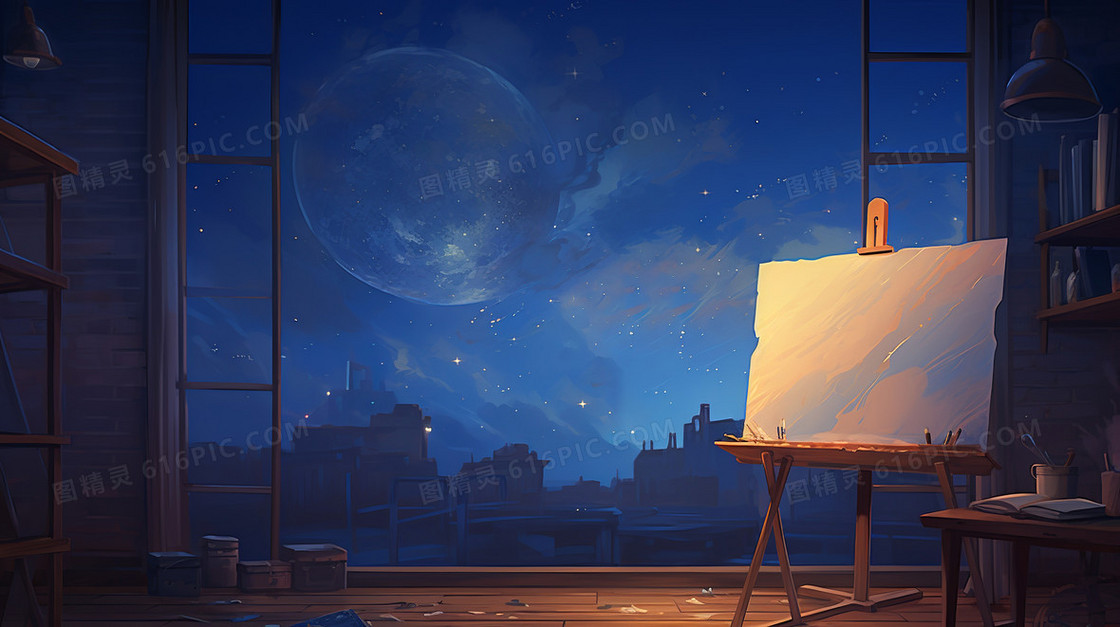 皎洁的月光下一个窗户前的画板插画