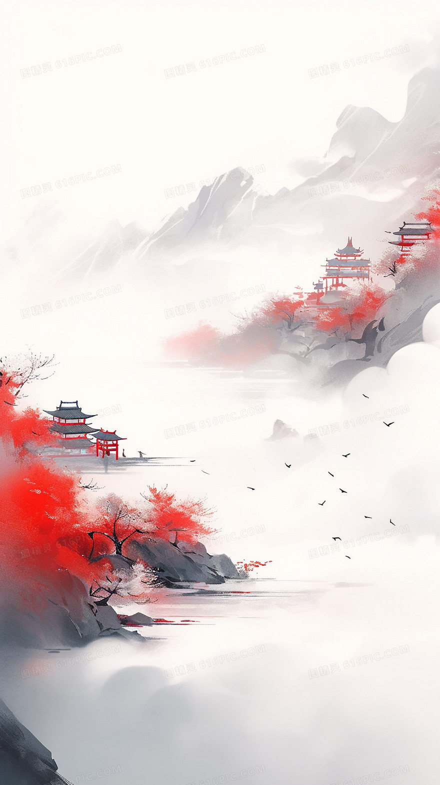 云雾中山间红色树木间庭院插画