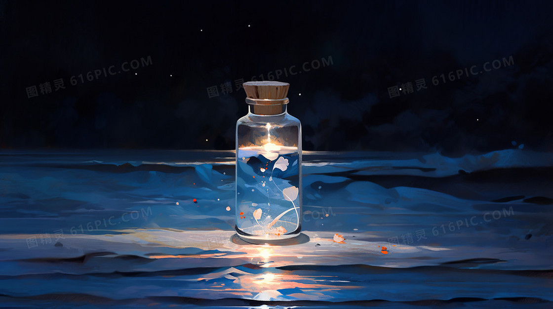 海平面上梦幻漂流瓶插画