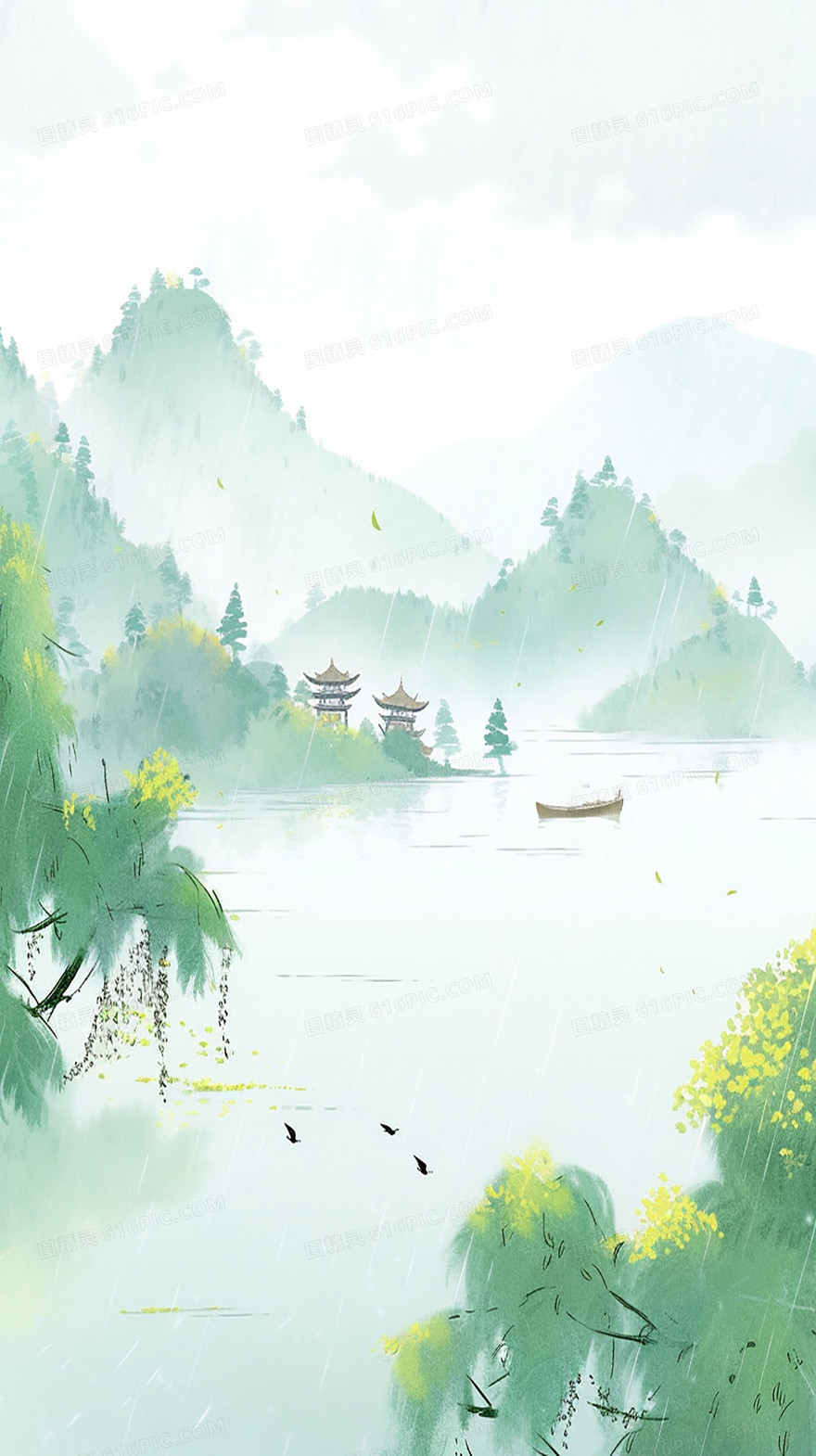 雨水季下山间湖水边小船在飘荡中国意境绿色背景插画