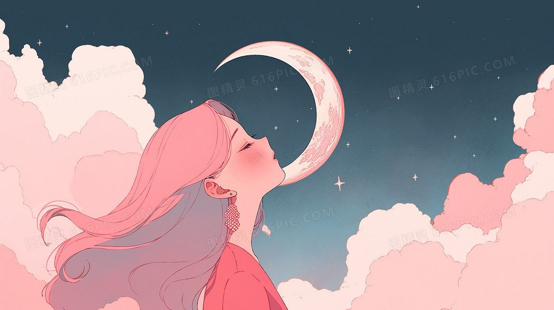 在弯弯的月亮下粉红色云间粉红色长发女生仰头面对着月亮的插画