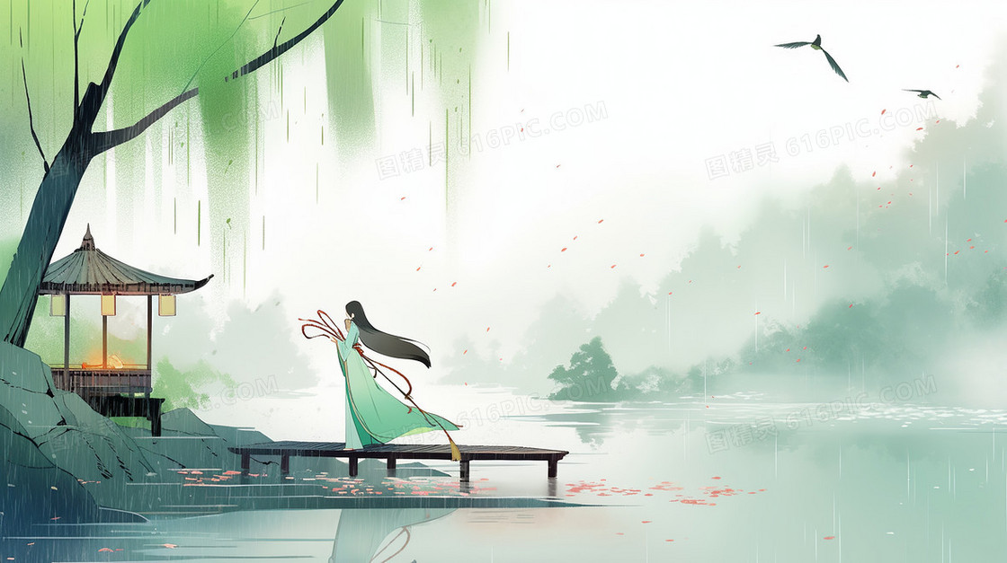 雨水天气一绿衣女子在河边船渡口等人水墨画插画