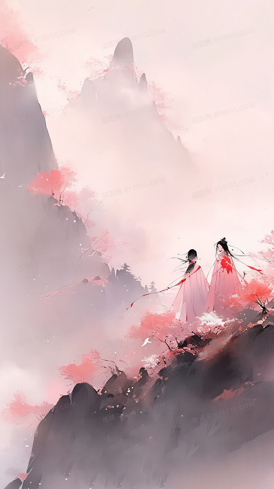 云雾中山间红色树木一对情侣插画