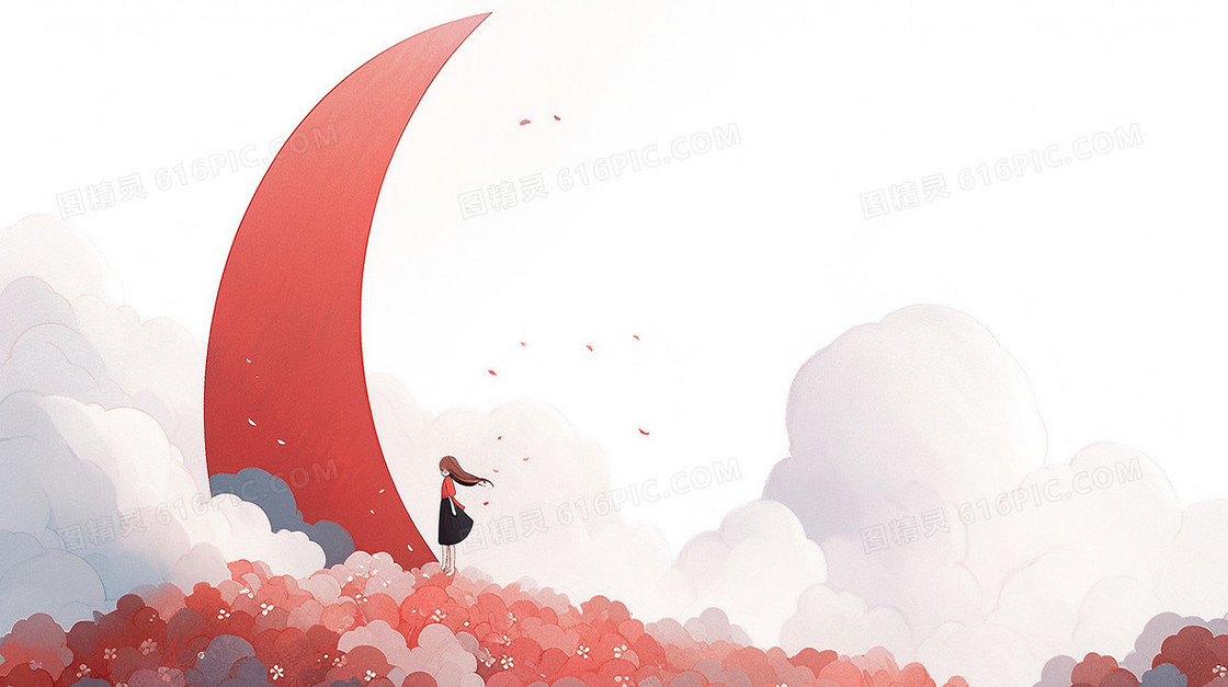 白云间血红色的弯月旁边一个可爱的女生走正走向月亮插画