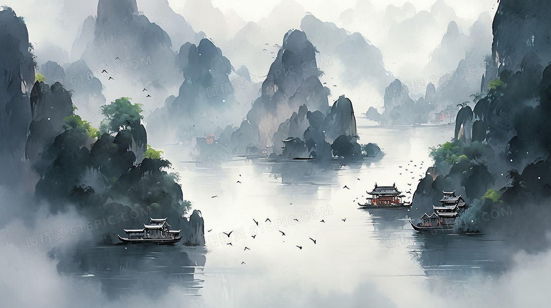山水间山脚下小亭子旁边划行的小船水墨画插画